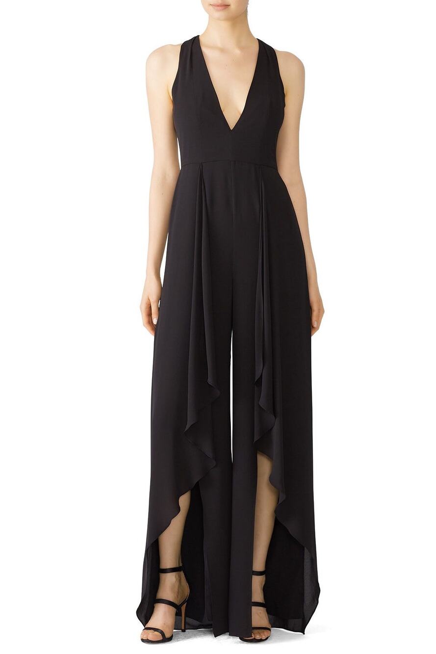 HALSTON Black Sleeveless Deep V-Neck High-Low Ruffle Front Jumpsuit Size 6